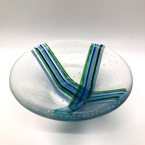 Studio Blown Art Glass Trinket Dish Bowl With Bubbles & Hand Painted Stripes 6” - Picture 2 of 8